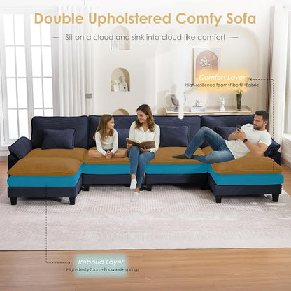 157" Corduroy Modular Sectional Sofa, Convertible U Shaped Modular Sofa Comfy Cloud Couch with Ottoman, Side Pockets and 4 Throw Pillows for Living Room, Blue, 6 Seats