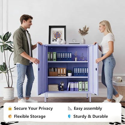 Purple 3 Tier Metal Storage Cabinet with Legs, Lockable 2 Door Metal Locker, Heavy Duty Multipurpose Accent Storage Cabinet with 2 Adjustable Shelves for Home, Office, Entryway and Hallway