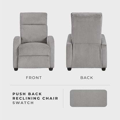 Lexicon Corduroy Pushback Recliner Chair Armchair Push Back Recliner, Solid Wood Frame and Metal Base, Easy Assembly Small Soft Single Sofa Accent Chair for Living Room/Office/Apartment, Light Grey