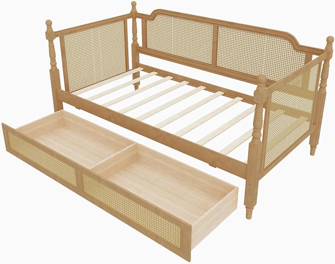 Merax Twin Size Rattan Bed Frame with 2 Storage Drawers, Wood Bedframe Daybed for Bedroom, Guest Room, Limited Space, No Box Spring Needed, Antique Walnut