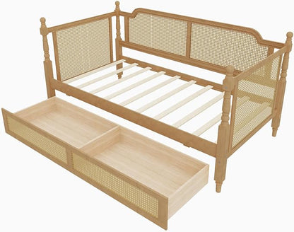 Merax Twin Size Rattan Bed Frame with 2 Storage Drawers, Wood Bedframe Daybed for Bedroom, Guest Room, Limited Space, No Box Spring Needed, Antique Walnut