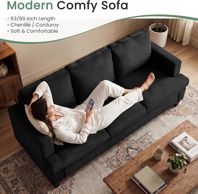 YOUDENOVA 3 Pieces Corduroy Couch Set for Living Room, 8 Seats Cloud Sofa, Deep Seat Floor Couch for Bedroom, Futon Modern Sofa Sectional Bed, Black Corduroy