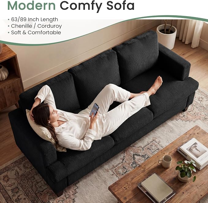 2 Pieces Corduroy Couch Set for Living Room, Black Cloud Sofa, Deep Seat Floor Couch for Bedroom, Futon Modern Sofa Sectional Bed, Black Corduroy