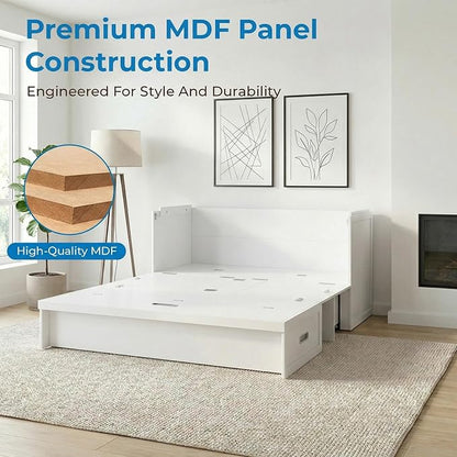 Mjkone Queen Murphy Bed with Mattress Include, Murphy Cabinet Bed with USB Charging Station, Hidden Cube Cabinet Beds with Large Storage Drawer for Bedroom Guest Room Home Office, White