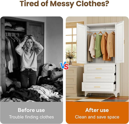 Metal Wardrobe Cabinets with 3 Drawers,White Armoire Wardrobe Closet with Hanging Rod,Clothes Storage Cabinet with Adjustable Shelves and Doors,Clothing Cabinet for Bedroom, Laundry Room,Office