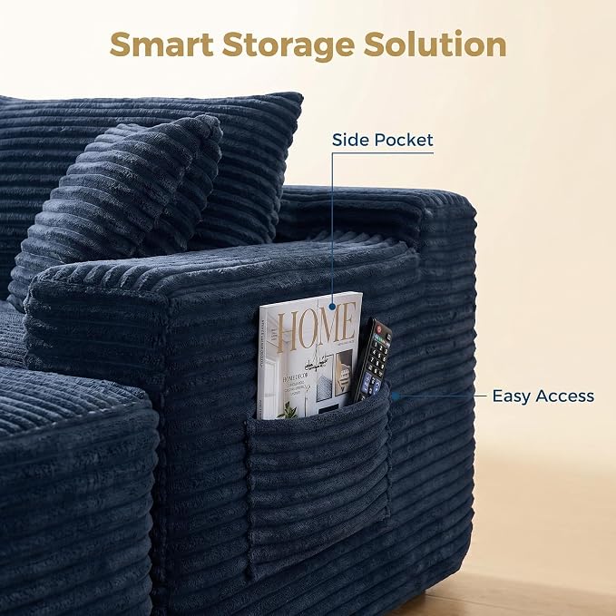 95-Inch U-Shaped Right Facing Corner Compressed Sofa Modular Sectional Boneless Cloud Sofa Floor Foam Couch W/Chaise Lounge & Ottoman, Corduroy Corner Boneless Cloud Couch