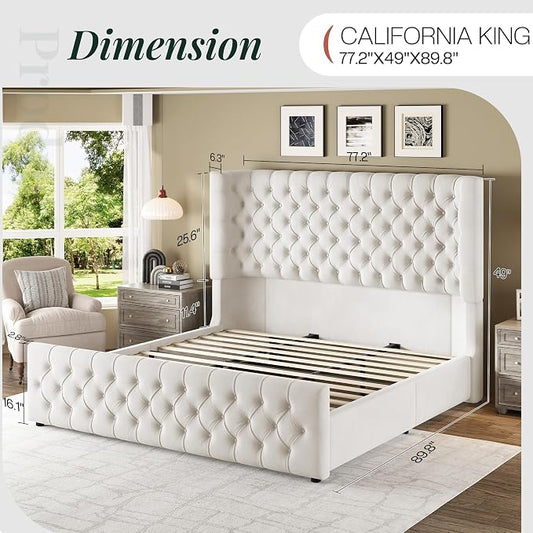Jocisland California King Size Upholstered Bed Frame with 6.3-Inch Curved Wingback Headboard, Tufted Footboard, Wood Slats, No Box Spring Needed, Beige Velvet