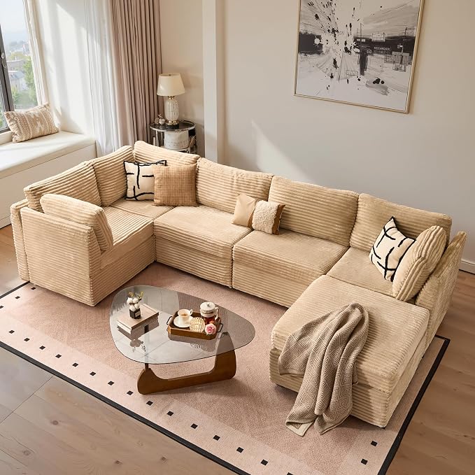 ovios Modular Sectional Sofa Couch with L-Shape Chaise Ottoman, Comfy Plush Corduroy Cloud Couches, Modern Luxury Deep Seat Sofas Set for Living Room, 6-Seater, Beige