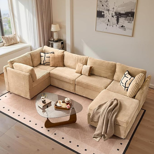 ovios Modular Sectional Sofa Couch with L-Shape Chaise Ottoman, Comfy Plush Corduroy Cloud Couches, Modern Luxury Deep Seat Sofas Set for Living Room, 6-Seater, Beige