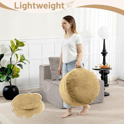 Round Stuffed Pouf Ottoman,Corduroy Foot Rest with Rebound Foam Filled, Furry and Fluffy Foot Stool Ottoman, Floor Poufs for Living Room (Yellow, 20" D x 20" W x 15" H)