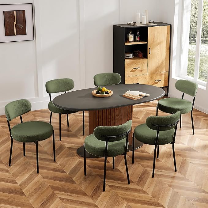 DUMOS Dining Chairs Set of 4, Mid Century Modern Chair Round Upholstered Curved Backrest, Kitchen Vanity Living Room Chairs with Black Metal Legs, Green