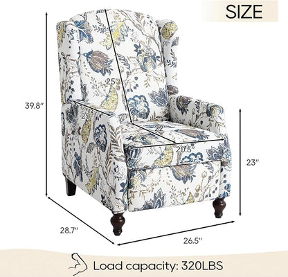 Upholstered Wingback Recliner Chair, Mid Century Modern Manual Push Back Recliner for Living Room, Bedroom (1, Blue & White Floral)