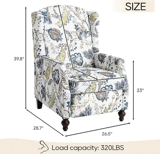 Upholstered Wingback Recliner Chair, Mid Century Modern Manual Push Back Recliner for Living Room, Bedroom (1, Blue & White Floral)