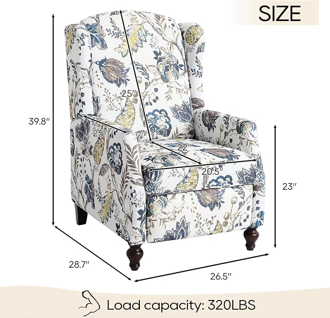 Upholstered Wingback Recliner Chair, Mid Century Modern Manual Push Back Recliner for Living Room, Bedroom (2, Blue & White Floral)