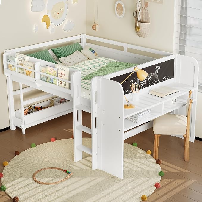 Bellemave Full Size Low loft Bed with Desk and bookcases, Boxes and Drawers for Kids,Wood Modern Farmhouse Kids Loft Beds with Shelf, White