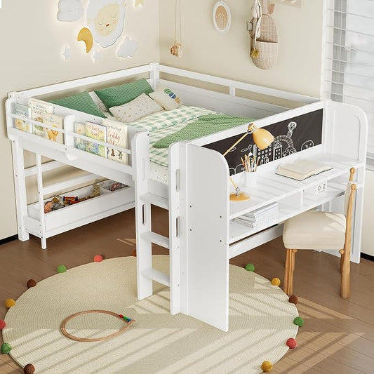 Bellemave Full Size Low loft Bed with Desk and bookcases, Boxes and Drawers for Kids,Wood Modern Farmhouse Kids Loft Beds with Shelf, White