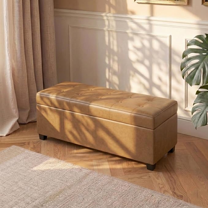 Asense 40" Storage Ottoman Bench, Faux Leather Tufted Upholstered End of Bed Bench with Safety Hinge for Bedroom,Entryway,Living Room,Caramel Brown