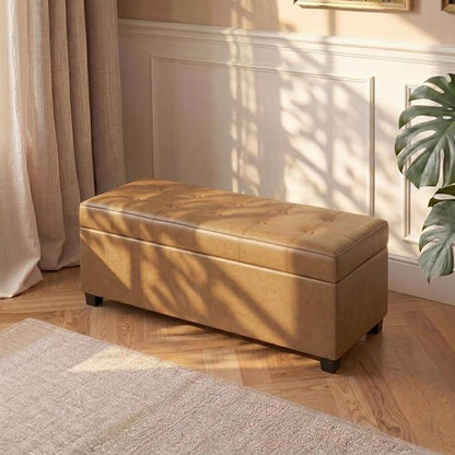 Asense 40" Storage Ottoman Bench, Faux Leather Tufted Upholstered End of Bed Bench with Safety Hinge for Bedroom,Entryway,Living Room,Caramel Brown