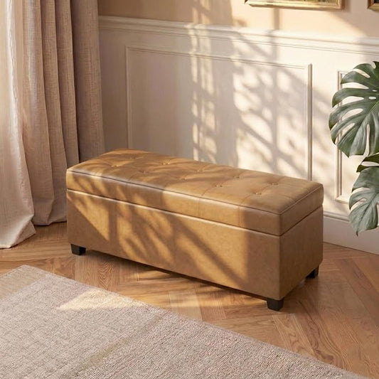 Asense 40" Storage Ottoman Bench, Faux Leather Tufted Upholstered End of Bed Bench with Safety Hinge for Bedroom,Entryway,Living Room,Caramel Brown