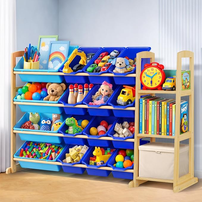 Kids Toy Storage Organizer with Bookshelf – Wooden Shelf with 16 Bins & 3 Shelves, Quick Assembly Storage Rack for Playroom, Bedroom, Nursery - Blue