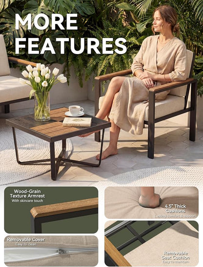 4 Piece Patio Furniture Set, All-Weather Sectional Sofa with 4 Inch Thick Cushions, 210g Fade-Resistant Spun-Dye Fabric, Outdoor Conversation Set with Coffee Table, Beige