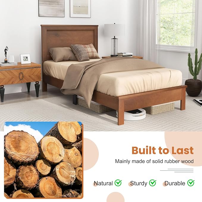 Giantex Wood Twin Bed Frames with Headboard, Mid Century Platform Bed Frame with Solid Wood Legs & Wooden Slat Support, Twin Bed Frames for Kids Adults, Walnut Bed