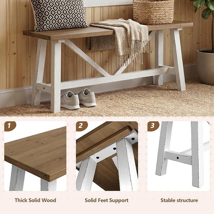 Wnutrees 43" Farmhouse Solid Wood Bench, Narrow Long Seat for Entryway Living Room Dining Area, White