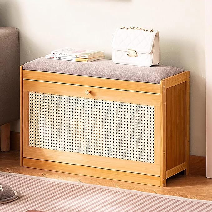 Entryway Storage Bench with Cushioned Seat Shoe Rack, 2-Tier Wooden Shoe Organizer Cabinet for Closet, Entryway, Hallway, Bedroom (Wood Color-70 x 24 x 44 cm