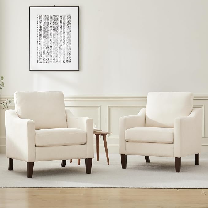VKNOW Mid Century Modern Accent Chair, Upholstered Living Room Chairs Armchair for Bedroom, Comfy Reading Accent Chairs with Wood Legs for Living Room (2, Beige)