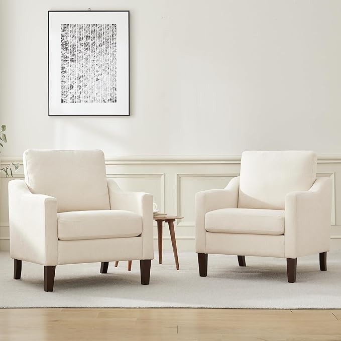 VKNOW Mid Century Modern Accent Chair, Upholstered Living Room Chairs Armchair for Bedroom, Comfy Reading Accent Chairs with Wood Legs for Living Room (1, Beige)