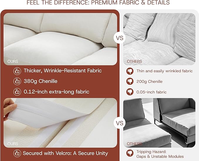 GRUSIGN 141'' Oversized Boneless Cloud Couch for Living Room, Modern Big Sectional Compressed U Shape Couch with 2 Ottoman, Comfy Chenille Deep Seat Memory Foam Spineless 6 Seater Sofa, Beige