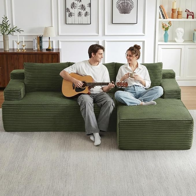 96" Cloud Sectional Couch with L-Shape Chaise, Modular Comfy Sofa Chaise Longue, Upholstered Corduroy Couches Sleeper with Deep Seat for Living Room Bedroom, No Assembly Required(Green, Right Facing)