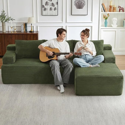 96" Cloud Sectional Couch with L-Shape Chaise, Modular Comfy Sofa Chaise Longue, Upholstered Corduroy Couches Sleeper with Deep Seat for Living Room Bedroom, No Assembly Required(Green, Right Facing)