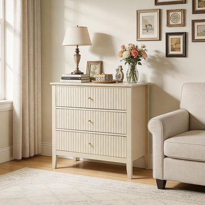 RoyalCraft Large 3 Drawer Dresser Set of 2, Fluted Wood Drawers for Bedroom, Modern Painted 30 inch Wide Nightstand for Bedroom, Entryway, Beige
