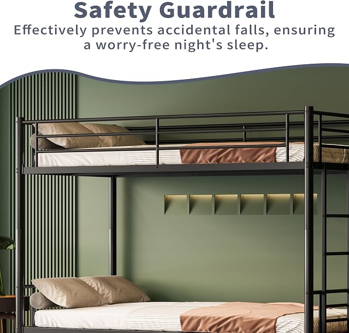 Twin Over Twin Bunk Bed Frame with Trundle,Metal Bunk Bed Bedframe with Guard Rail and Ladders for Adults,Can be Divided into 3 Beds, No Box Spring Needed,Space Saving Design
