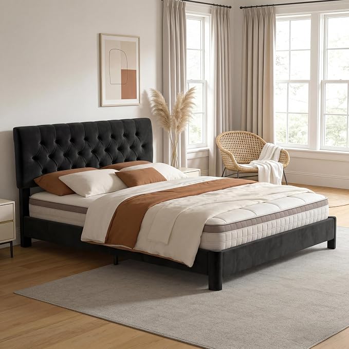 Queen Size Bed Frame with Headboard, Luxury Velvet Fabric Upholstered Bed frame with Button Tufted Design, Strong Wooden Slats Support - Low & Sturdy, Noise-Free, No Box Spring, Easy Assembly, Black | Plush velvet