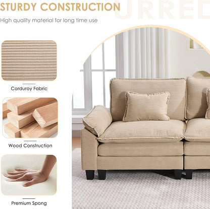 URRED Oversized Modular Sectional Sofa, 122" L Shaped Modern Comfy Cloud Couch with Movable Ottoman & Pillows, Deep Seat Couches for Living Room, Bedroom or Apartment (Corduroy Khaki, 122" L Shaped)