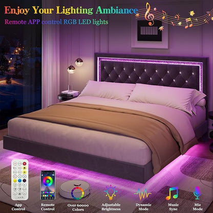 Garvee Floating Bed Frame King Size with Smart Led Lights, Upholstered Platform Bed with Diamond Headboard, Solid Wood Slats Support, No Box Spring Needed, Noise-Free, Easy Assembly, Grey