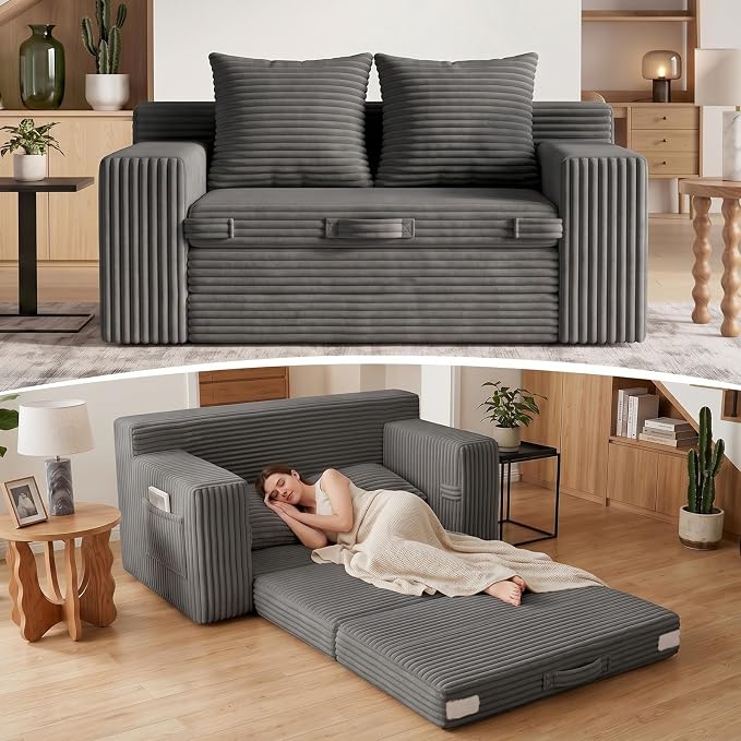 Boneless Loveseat Sofa Bed, Tri-Folding Convertible Futon Sleeper with Handle & Side Pockets, 54'' Boneless Couch with Hook and Loop No Assembly for Small Space,Living Room & Bedroom
