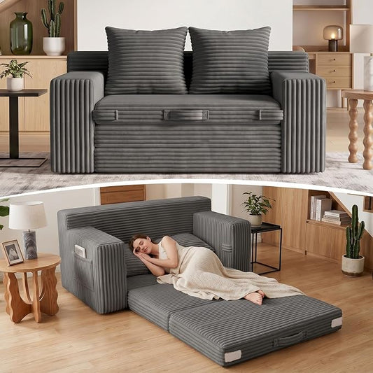 Boneless Loveseat Sofa Bed, Tri-Folding Convertible Futon Sleeper with Handle & Side Pockets, 54'' Boneless Couch with Hook and Loop No Assembly for Small Space,Living Room & Bedroom