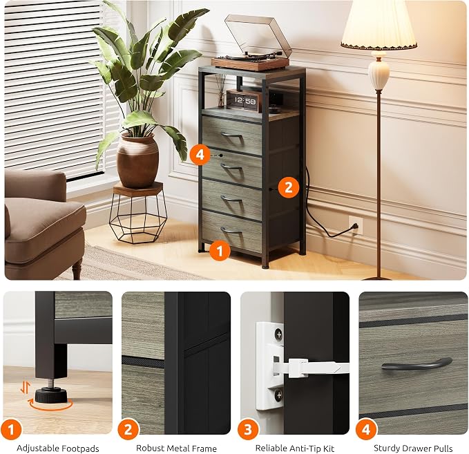 Lazzanto NightStand Bedside Charging Table Bedroom - Night Stand with Charger Station, Modern Nightstand with Open Shelf & 4 Fabric Drawers, End Table with USB-C USB Ports & AC Outlets for Dorm, Grey