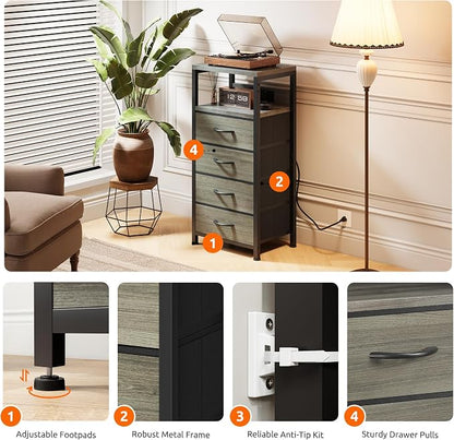 Lazzanto NightStand Bedside Charging Table Bedroom - Night Stand with Charger Station, Modern Nightstand with Open Shelf & 4 Fabric Drawers, End Table with USB-C USB Ports & AC Outlets for Dorm, Grey