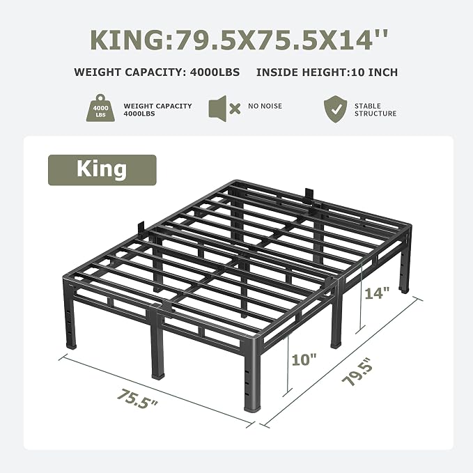 NKZ King Size Bed Frame 14 Inch, Metal Bed Frame & Box Spring 2 in 1 Platform with Round Corner Legs, 4000lbs Weight Capacity Reinforced Metal Frame, Headboard Hole, Noise-Free, Easy Assembly
