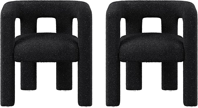 BELLEZE Modern Boucle Barrel Dining Chair Set of 2, Upholstered Linen Kitchen Boucle Armchair with Sidearms and Back, for Dining Room Living Room- Black