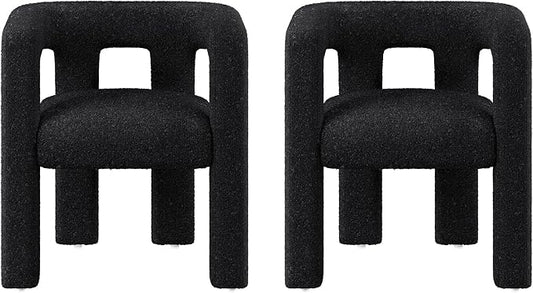 BELLEZE Modern Boucle Barrel Dining Chair Set of 2, Upholstered Linen Kitchen Boucle Armchair with Sidearms and Back, for Dining Room Living Room- Black