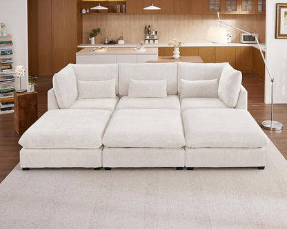 115" Oversized Chenille Couch Modular Sectional Sofa, Washable Cloud Couch Sectional with 3 Ottoman, 6 Seater Sectional Couches for Living Room, Fully Cover Removable, Sleeper Sofa, Chenille, White