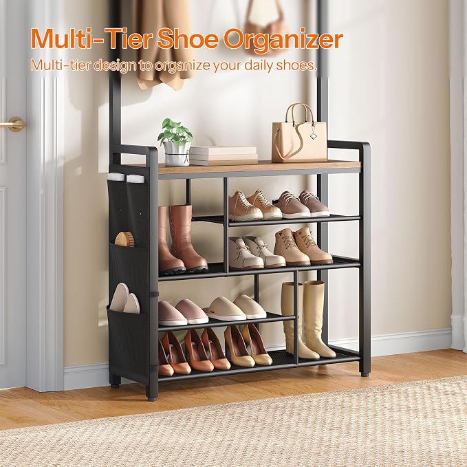 HOOBRO Hall Tree with Bench, Shoe Rack with Coat Rack, 39.4" Coat Rack with Shoe Storage, 5 Tier Shoe Storage Organizer, Oxford Fabric Side Pockets, Coat and Shoe Rack Entryway, Rustic Brown BF46MT01