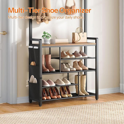 HOOBRO Hall Tree with Bench, Shoe Rack with Coat Rack, 39.4" Coat Rack with Shoe Storage, 5 Tier Shoe Storage Organizer, Oxford Fabric Side Pockets, Coat and Shoe Rack Entryway, Rustic Brown BF46MT01