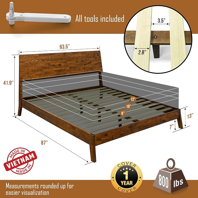 Acacia Serenity Bed Frame with Headboard Solid Wood Platform Bed, Queen Bed Frame, Tall Headboard Wood Bed Compatible with All Mattress Types, No Box Spring Needed, Quick & Easy Assembly, Caramel