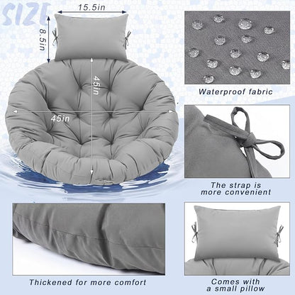 Tudomro Gray Egg Chair Cushion Hanging Basket Chair Replacement 45x45 Hammock Basket Swing Waterproof Cushion Hanging Swing Pads with Headrest for Indoor Outdoor Porch Backyard Patio Garden